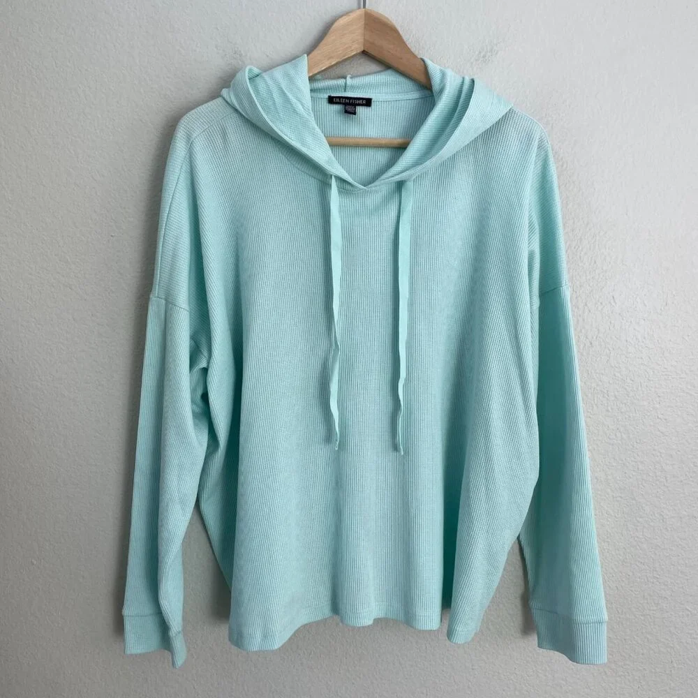 Eileen Fisher Womens XL Cozy Waffle Knit Hooded Top Boxy Fit Pullover‎ Mint